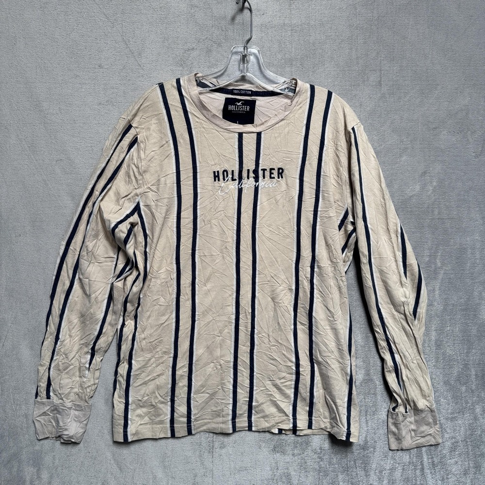 Hollister Shirt Mens Large Beige Striped Long Sleeve California Crewneck Tee
